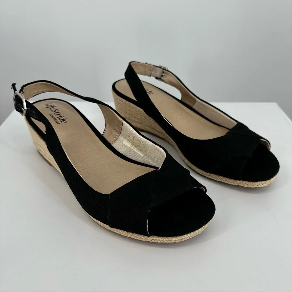 LifeStride Socialite Wedge Sandal in Black Canvas size 10W Ankle Strap Peep Toe